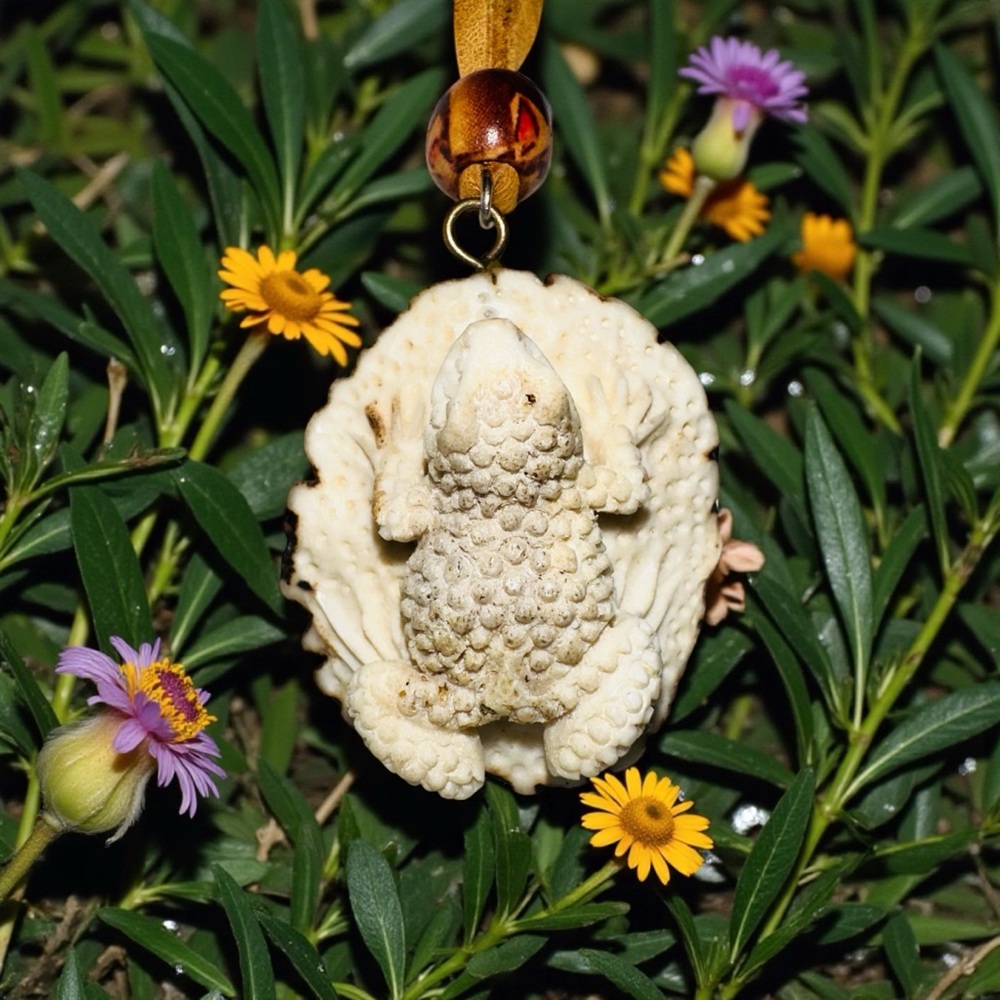 Unique Cream brown carved antler frog on a pad Pendant